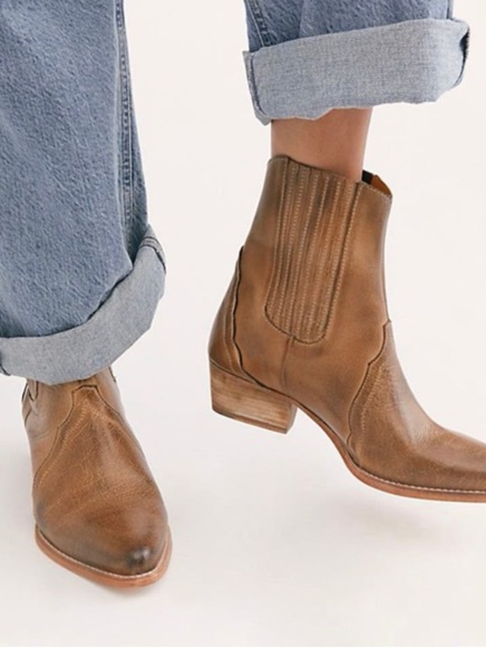 Free People Brown Tan Leather Western Ankle Boots Booties Size 37.5 (7.5)